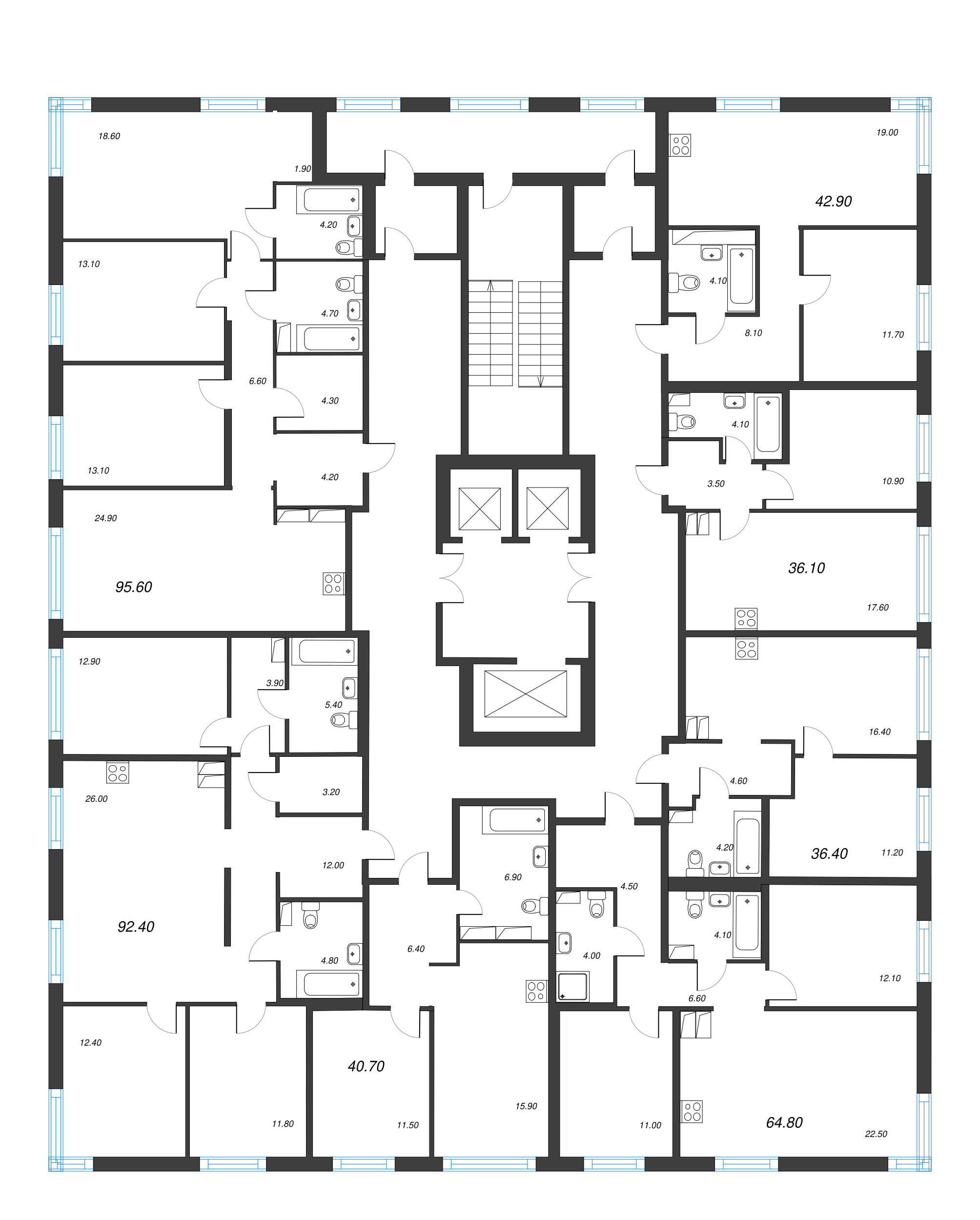 2-комнатная (Евро) квартира, 40.7 м² в ЖК "Струны" - планировка этажа