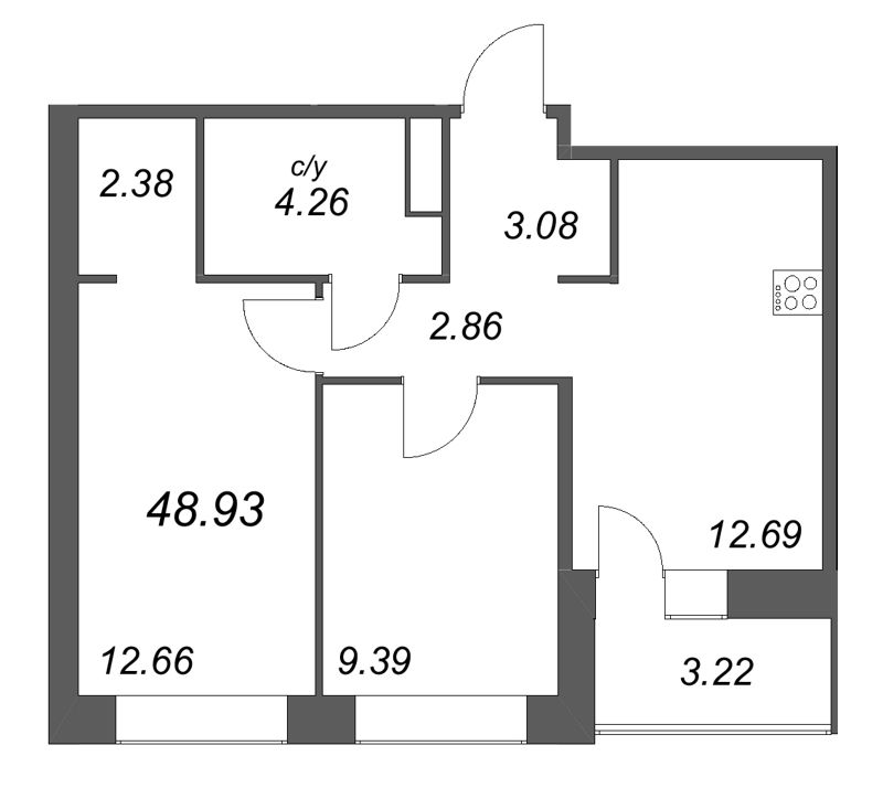 2-комнатная квартира, 48.93 м² в ЖК "Уютный" - планировка, фото №1
