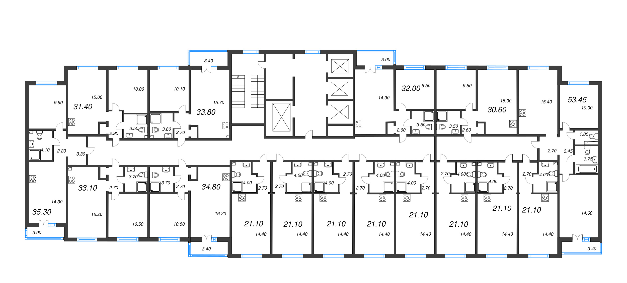 2-комнатная (Евро) квартира, 33.1 м² в ЖК "Пейзажный квартал" - планировка этажа