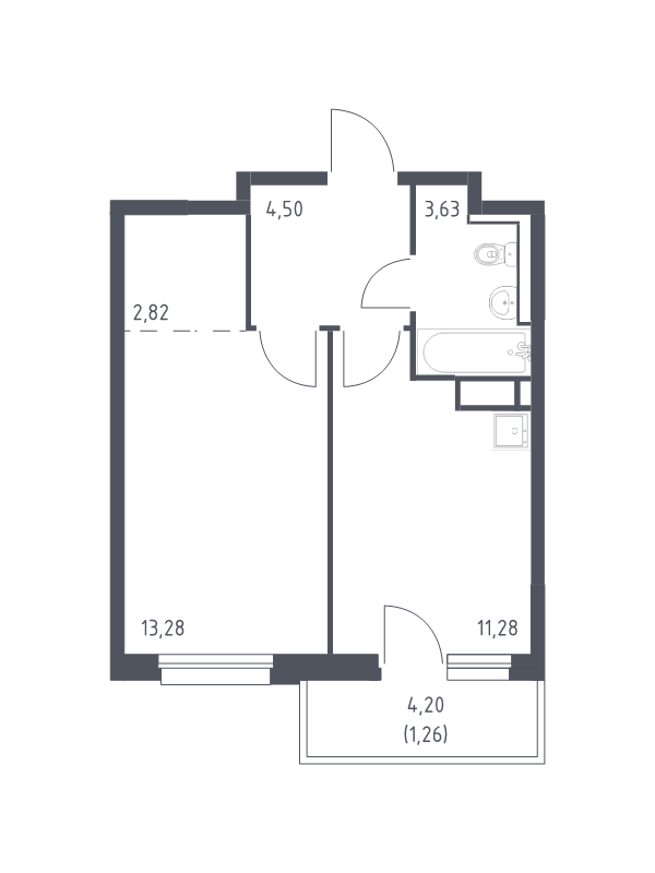 1-комнатная квартира, 36.77 м² - планировка, фото №1