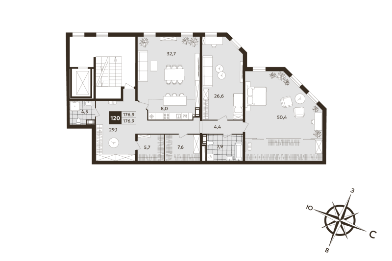 3-комнатная (Евро) квартира, 176.9 м² в ЖК "Дом на Бронницкой" - планировка, фото №1