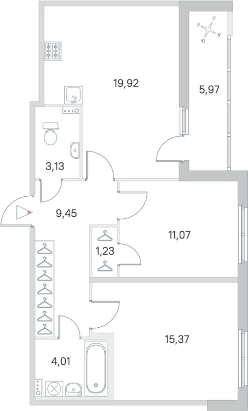 3-комнатная (Евро) квартира, 64.18 м² в ЖК "Любоград" - планировка, фото №1