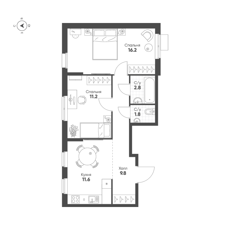 2-комнатная квартира, 53.4 м² в ЖК "Ягодное Река Парк" - планировка, фото №1