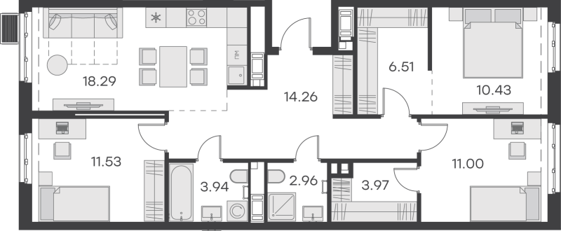 4-комнатная (Евро) квартира, 82.89 м² в ЖК "GloraX Балтийская" - планировка, фото №1