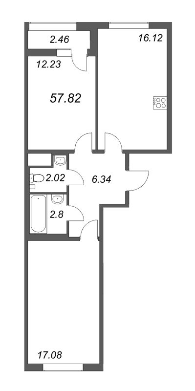 3-комнатная (Евро) квартира, 57.82 м² - планировка, фото №1