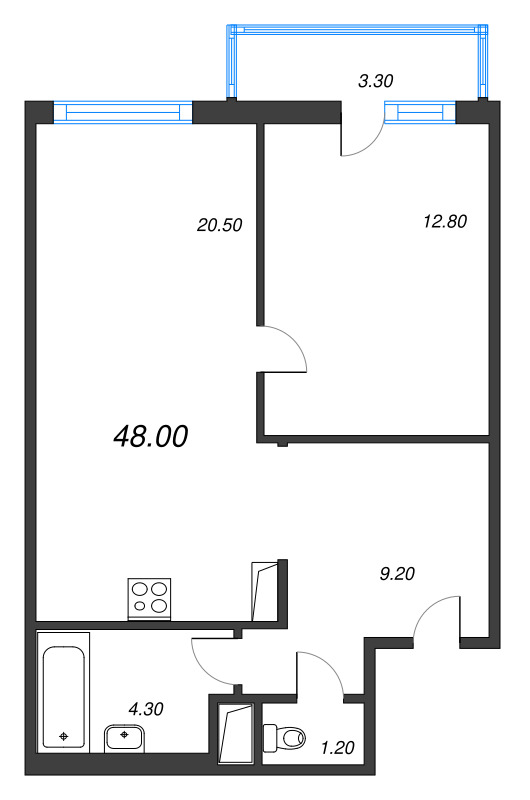 2-комнатная (Евро) квартира, 48 м² в ЖК "Руднева 15" - планировка, фото №1