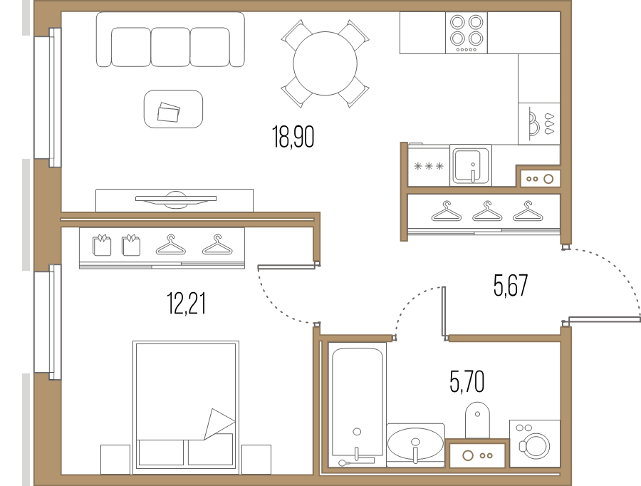 2-комнатная (Евро) квартира, 42.46 м² в ЖК "Большой Сампсониевский, 32" - планировка, фото №1