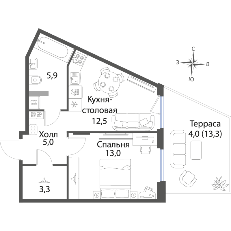 1-комнатная квартира, 43.7 м² в ЖК "Экография" - планировка, фото №1