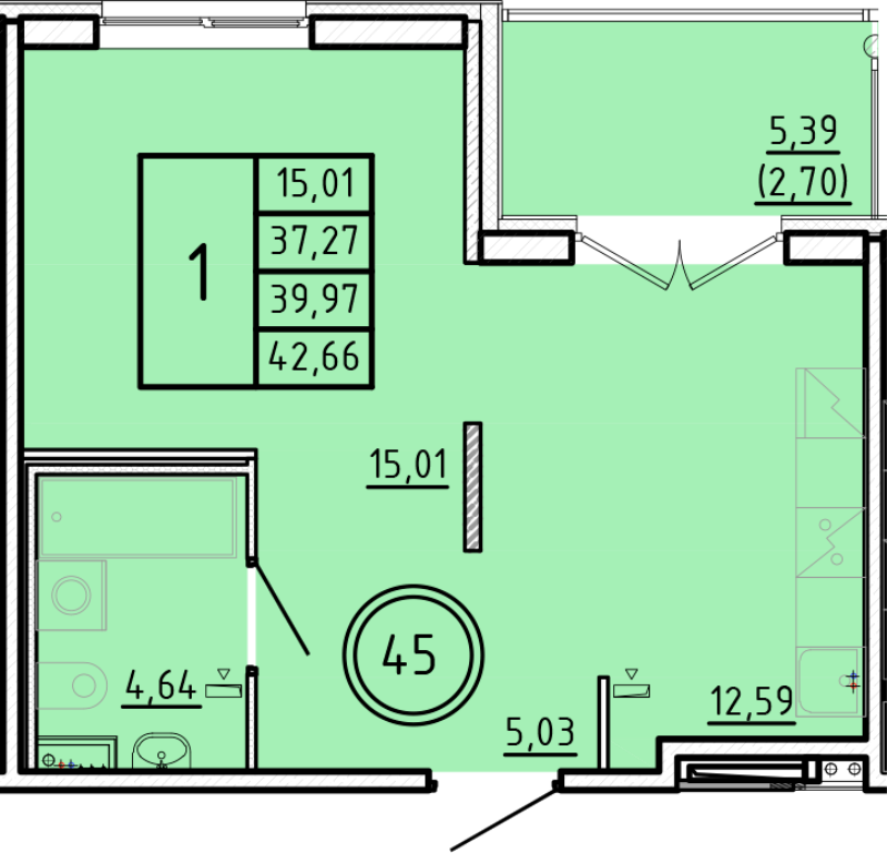 1-комнатная квартира, 37.27 м² в ЖК "Образцовый квартал 16" - планировка, фото №1