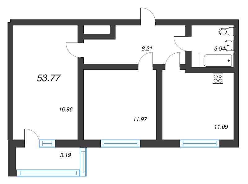 2-комнатная квартира, 53.77 м² - планировка, фото №1