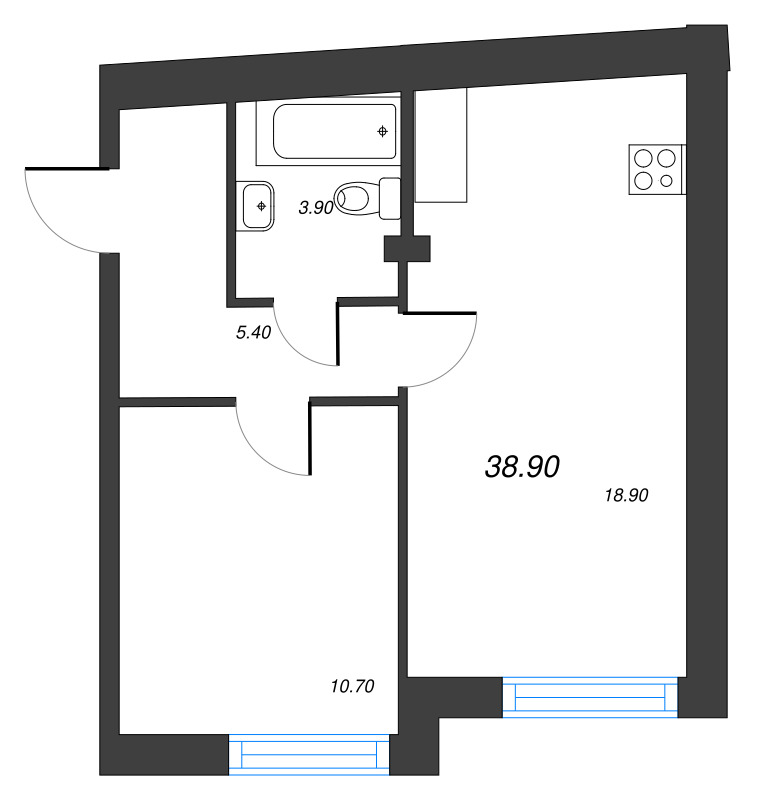 2-комнатная (Евро) квартира, 38.9 м² в ЖК "Измайловский" - планировка, фото №1