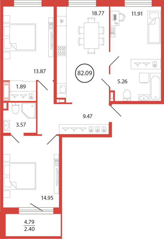 4-комнатная (Евро) квартира, 82.09 м² в ЖК "Энфилд" - планировка, фото №1
