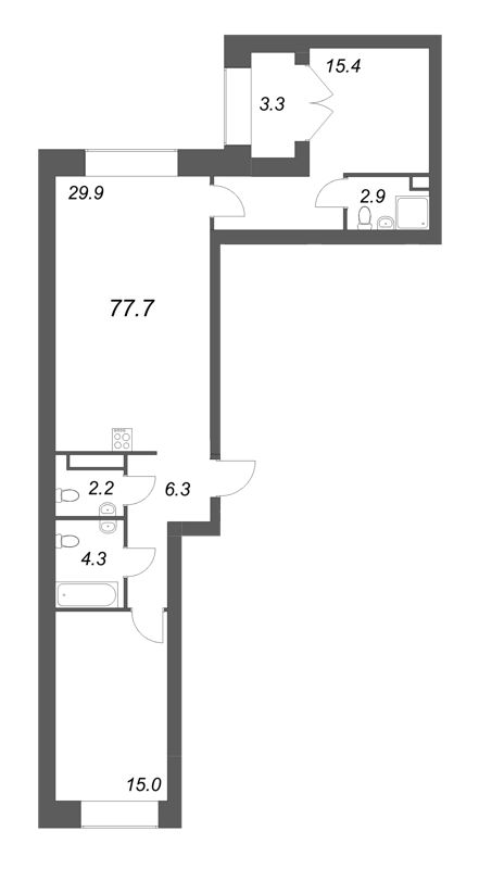 3-комнатная (Евро) квартира, 77.7 м² - планировка, фото №1