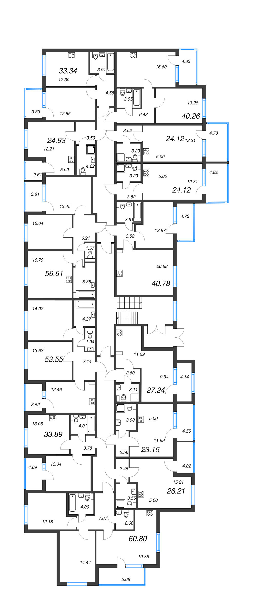 3-комнатная (Евро) квартира, 56.61 м² - планировка этажа