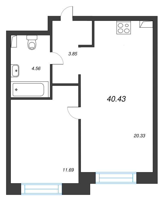 2-комнатная (Евро) квартира, 40.43 м² в ЖК "Остров Первых" - планировка, фото №1