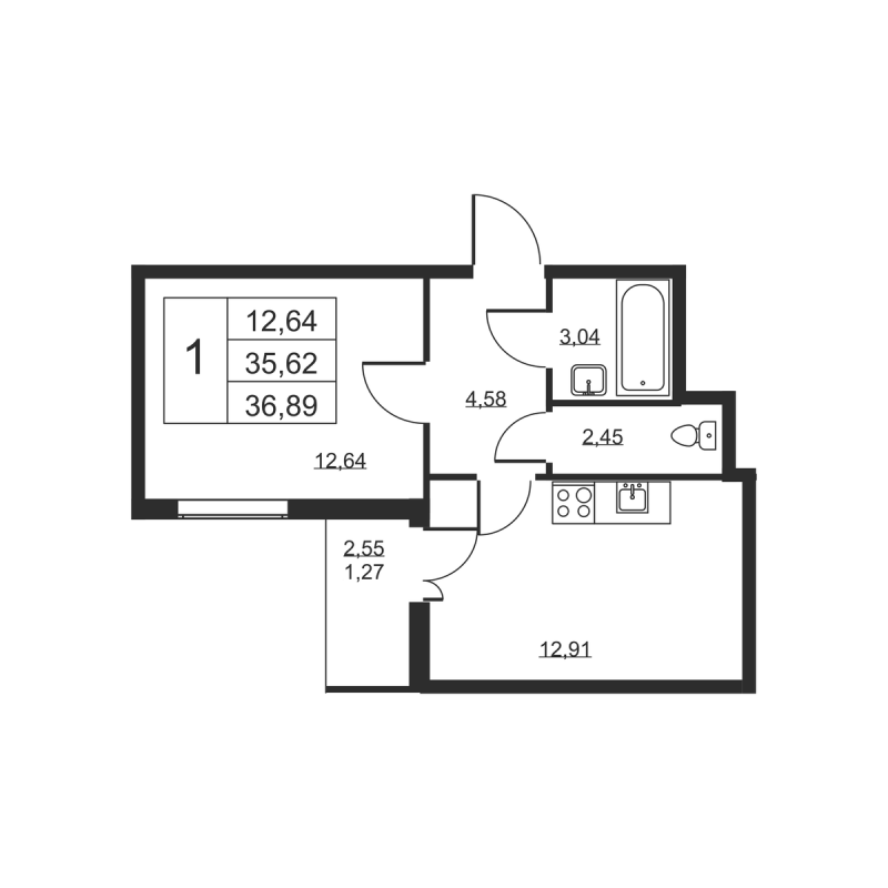 1-комнатная квартира, 36.89 м² в ЖК "Высота" - планировка, фото №1