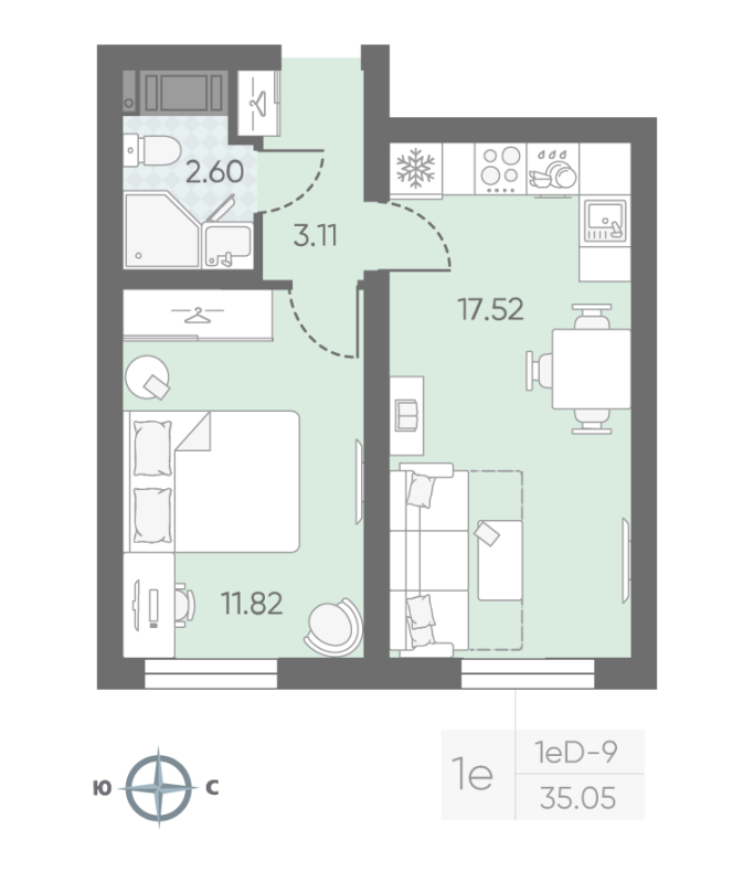 1-комнатная квартира, 35.05 м² в ЖК "Морская миля" - планировка, фото №1