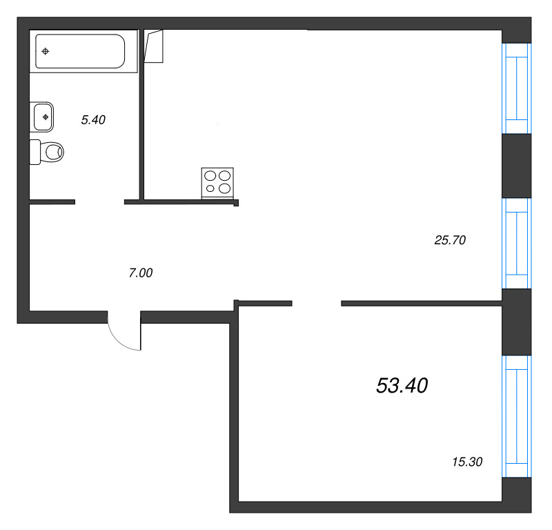 2-комнатная (Евро) квартира, 53.4 м² - планировка, фото №1