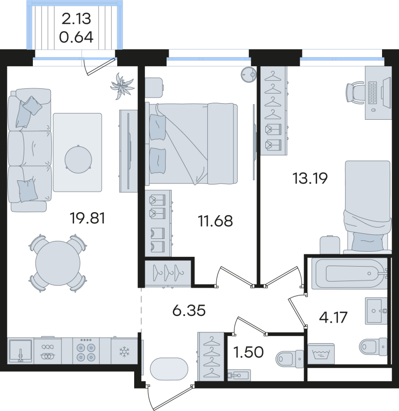 3-комнатная (Евро) квартира, 57.34 м² в ЖК "Романовка" - планировка, фото №1