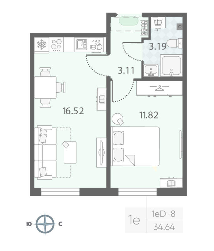 2-комнатная (Евро) квартира, 34.64 м² - планировка, фото №1