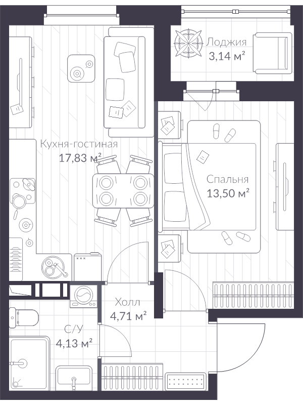 2-комнатная (Евро) квартира, 42.1 м² в ЖК "VEREN NEXT шуваловский" - планировка, фото №1