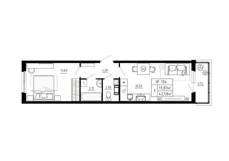 2-комнатная (Евро) квартира, 42.58 м² в ЖК "Аннино Сити" - планировка, фото №1