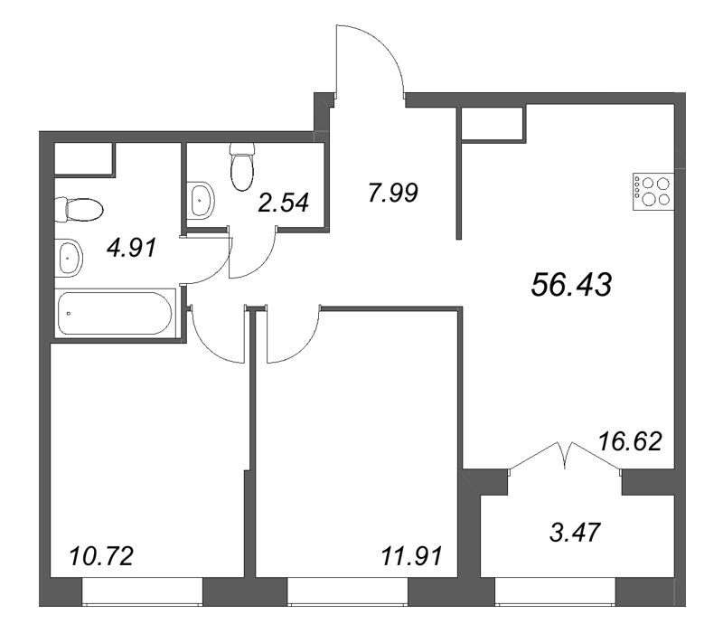 3-комнатная (Евро) квартира, 56.43 м² - планировка, фото №1