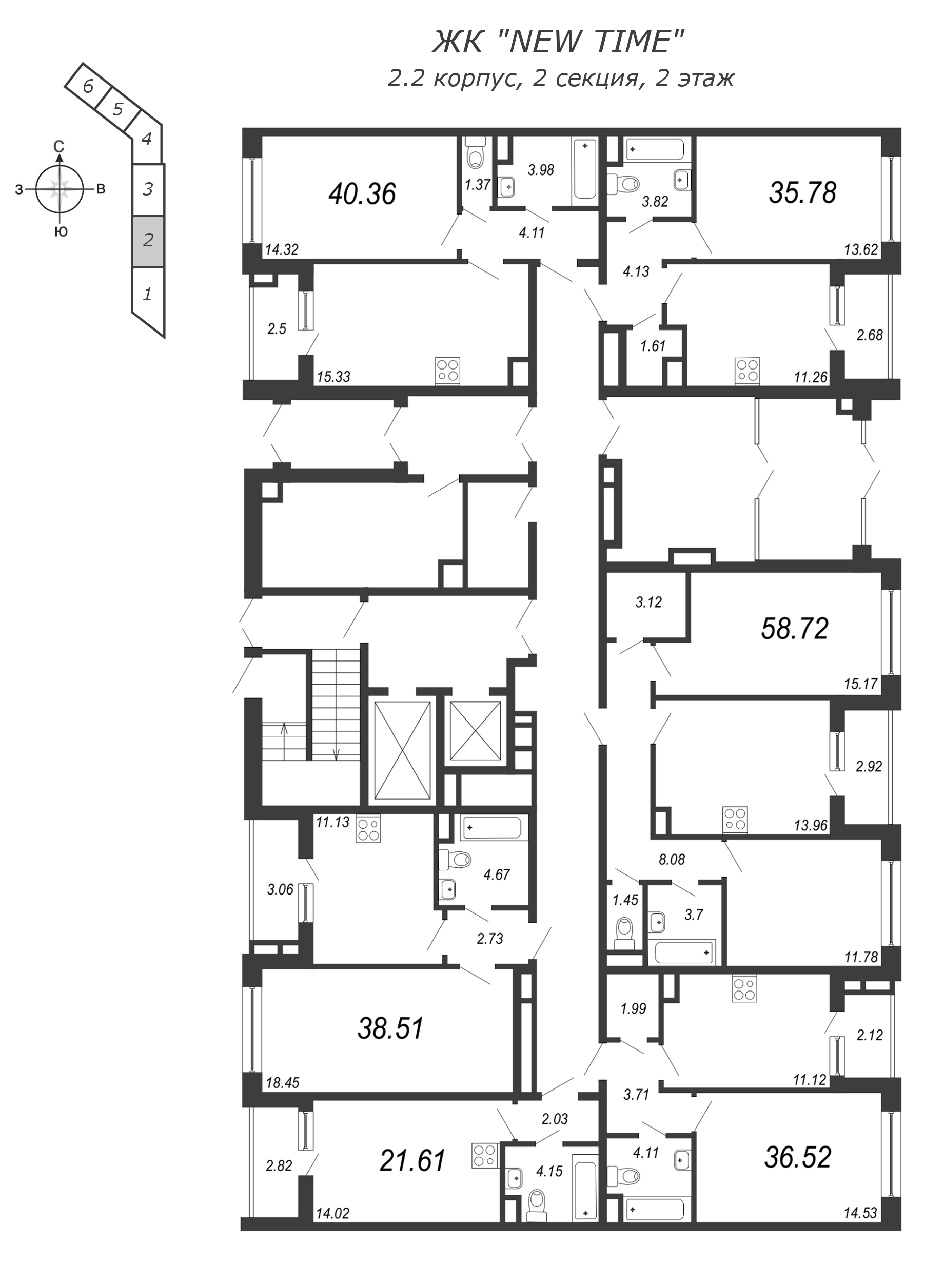 1-комнатная квартира, 36.6 м² в ЖК "NEW TIME" - планировка этажа