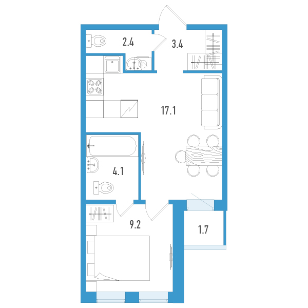 2-комнатная (Евро) квартира, 37.1 м² - планировка, фото №1