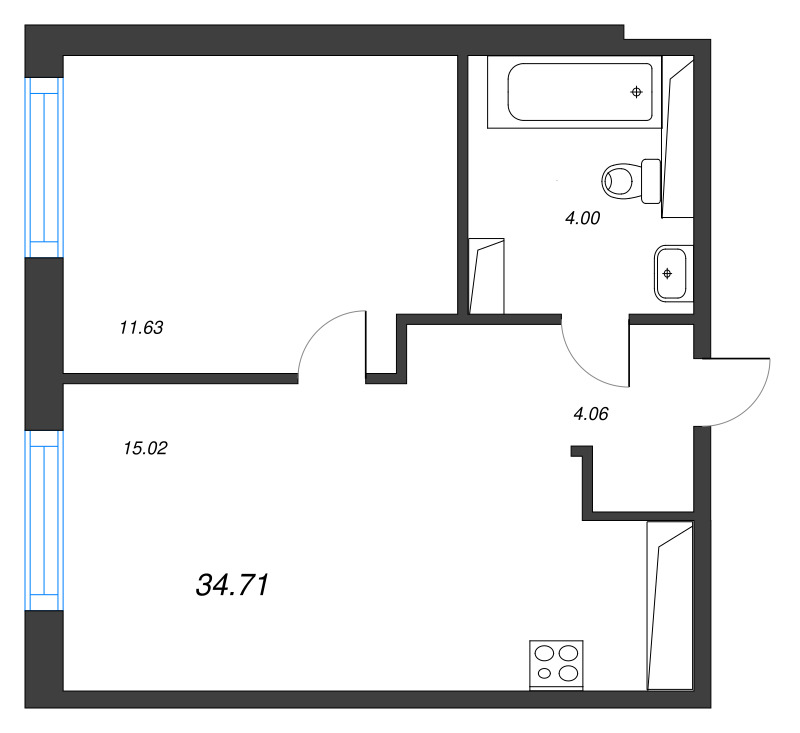 2-комнатная (Евро) квартира, 34.71 м² в ЖК "Окла" - планировка, фото №1