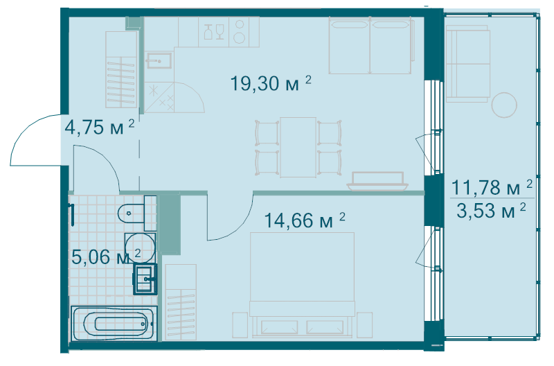 2-комнатная (Евро) квартира, 47.33 м² в ЖК "Grona Lund" - планировка, фото №1