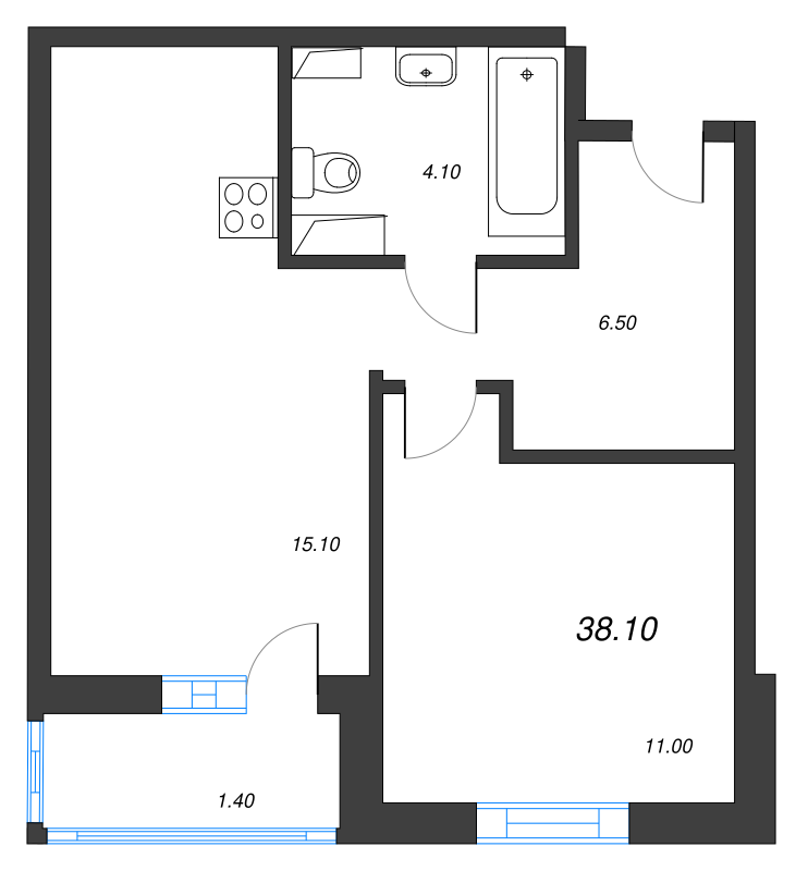 2-комнатная (Евро) квартира, 38.1 м² в ЖК "Ветер перемен 2" - планировка, фото №1