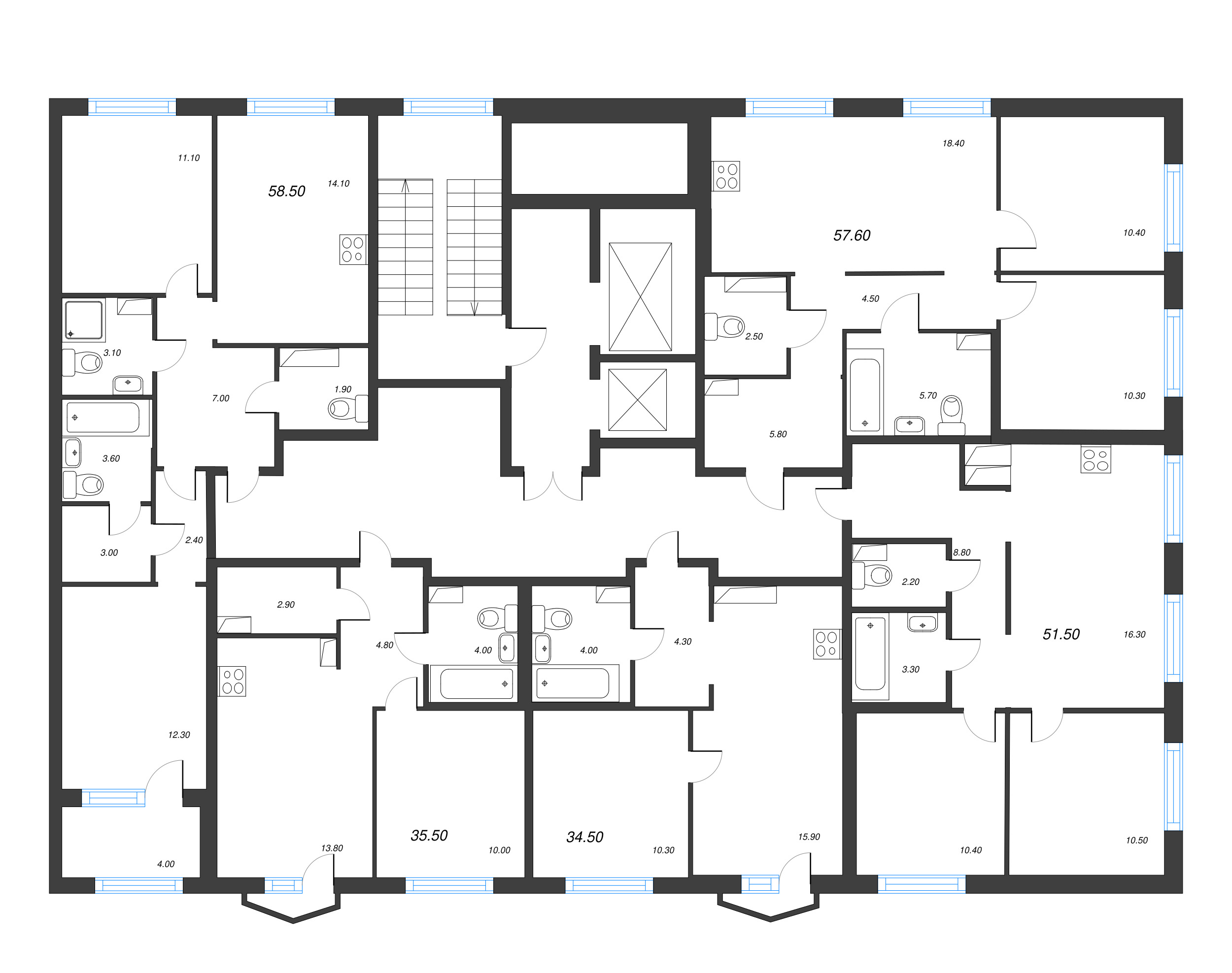 3-комнатная (Евро) квартира, 51.5 м² в ЖК "Струны" - планировка этажа