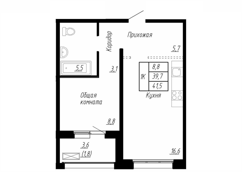 2-комнатная (Евро) квартира, 41.5 м² в ЖК "Сибирь" - планировка, фото №1