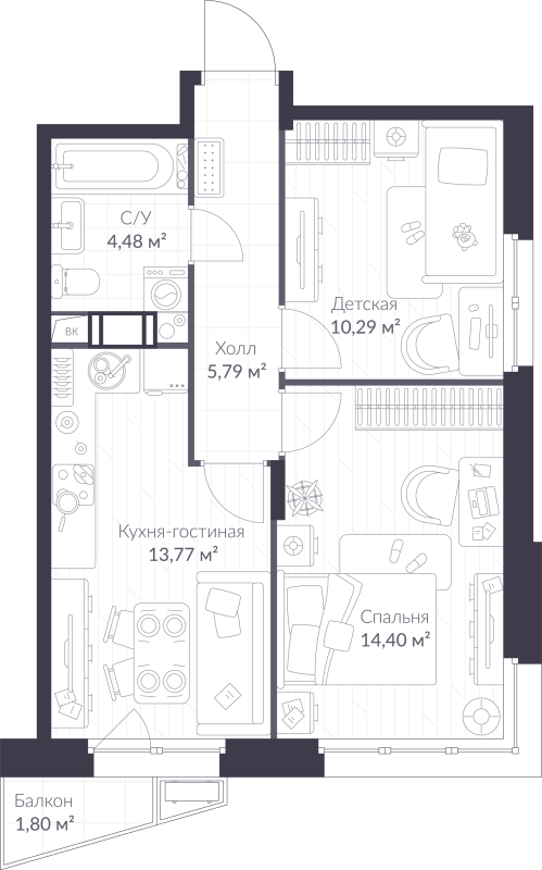 2-комнатная квартира, 49.27 м² в ЖК "VEREN NORT сертолово" - планировка, фото №1