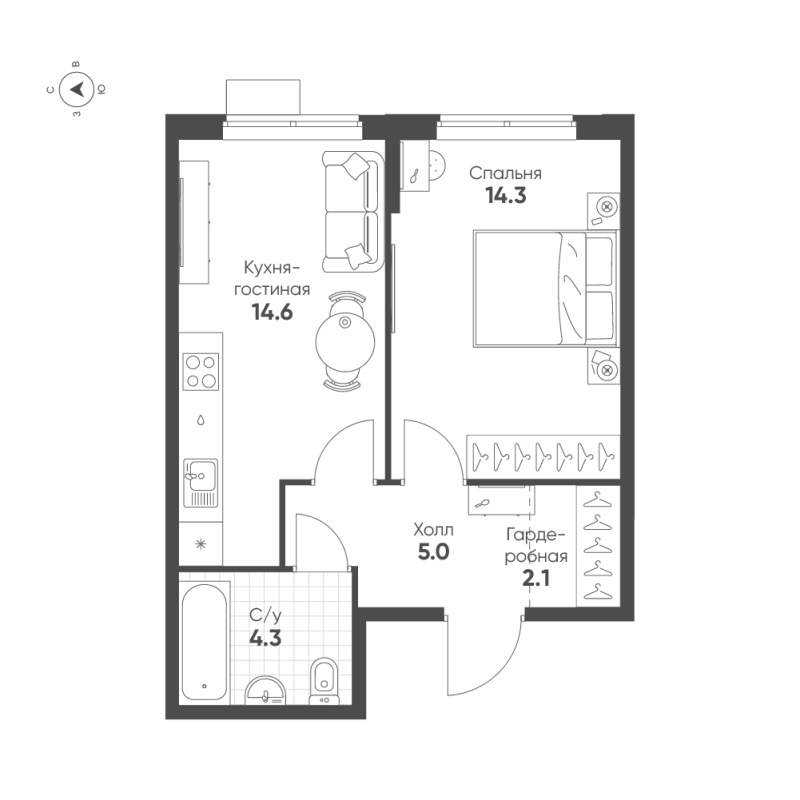 1-комнатная квартира, 40.3 м² в ЖК "Ягодное Река Парк" - планировка, фото №1