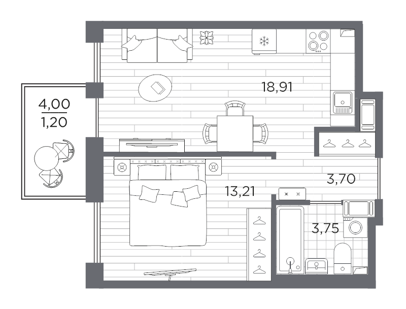 2-комнатная (Евро) квартира, 40.77 м² в ЖК "Сезоны" - планировка, фото №1