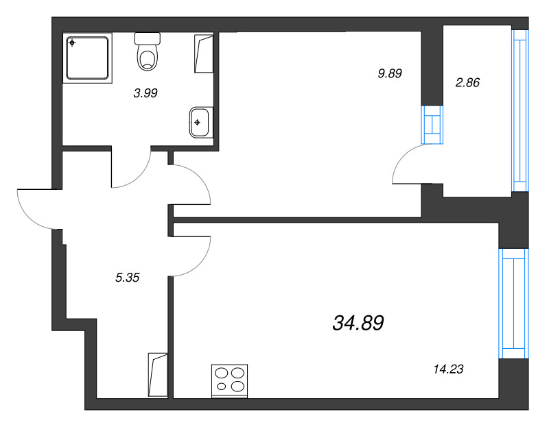 1-комнатная квартира, 34.89 м² - планировка, фото №1