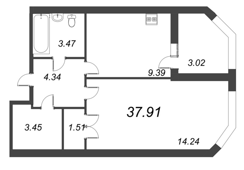 1-комнатная квартира, 37.91 м² в ЖК "Капральский" - планировка, фото №1