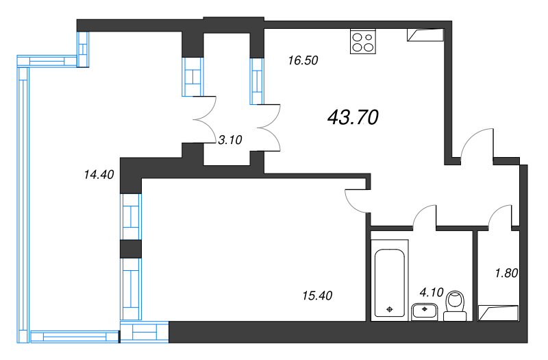 1-комнатная квартира, 43.7 м² - планировка, фото №1