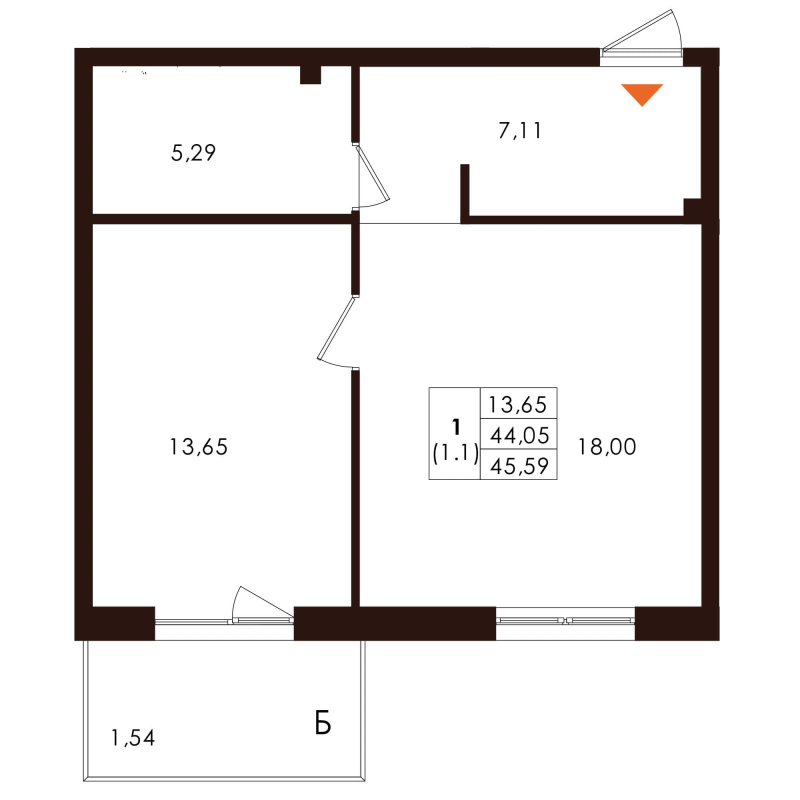 2-комнатная (Евро) квартира, 45.59 м² в ЖК "Лисино" - планировка, фото №1