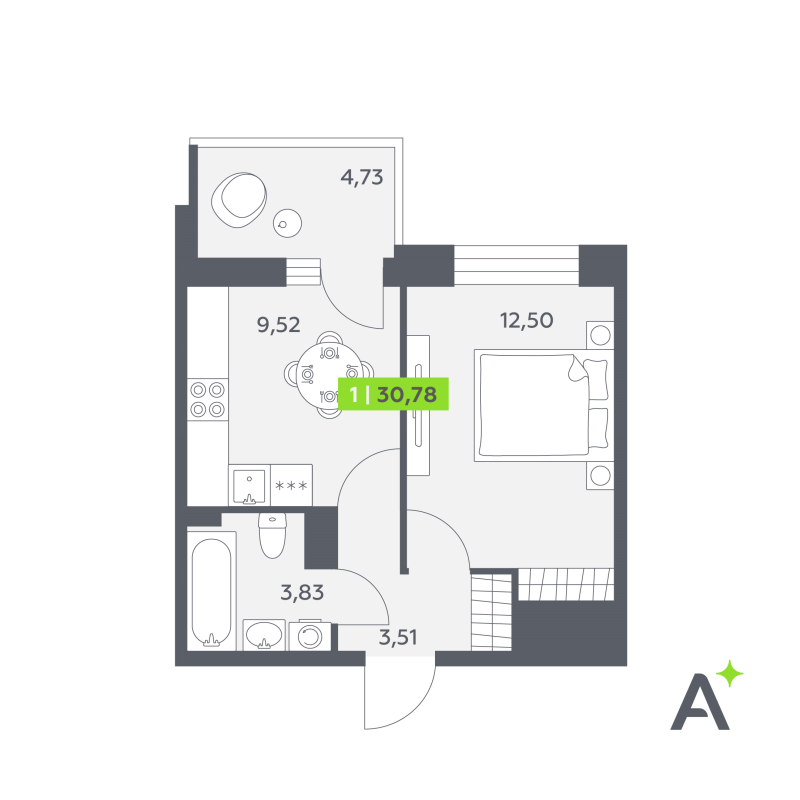 1-комнатная квартира, 30.78 м² в ЖК "Аквилон РекаПарк" - планировка, фото №1