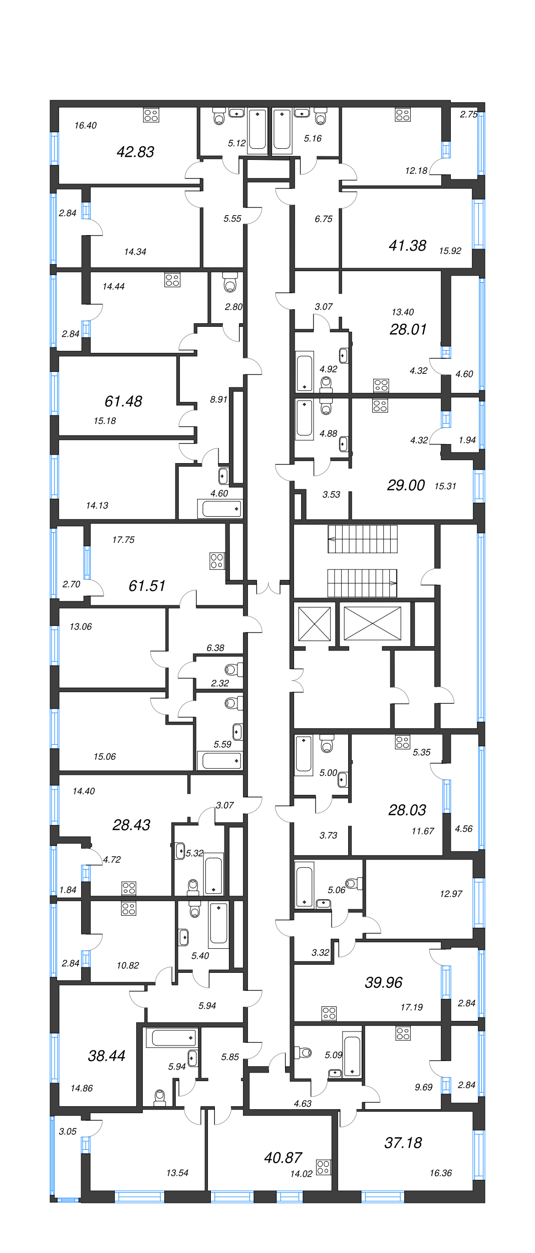 3-комнатная (Евро) квартира, 61.51 м² - планировка этажа