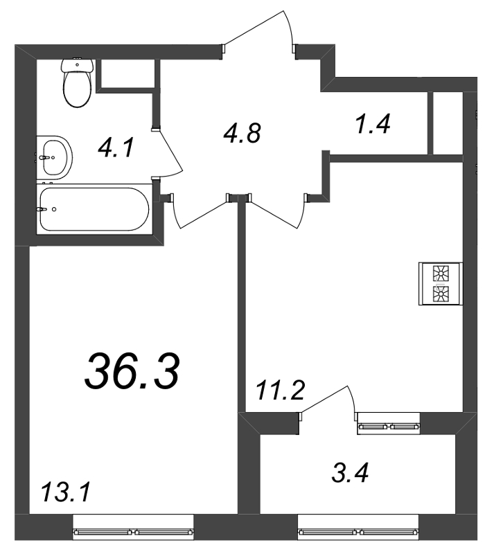 1-комнатная квартира, 36.3 м² - планировка, фото №1