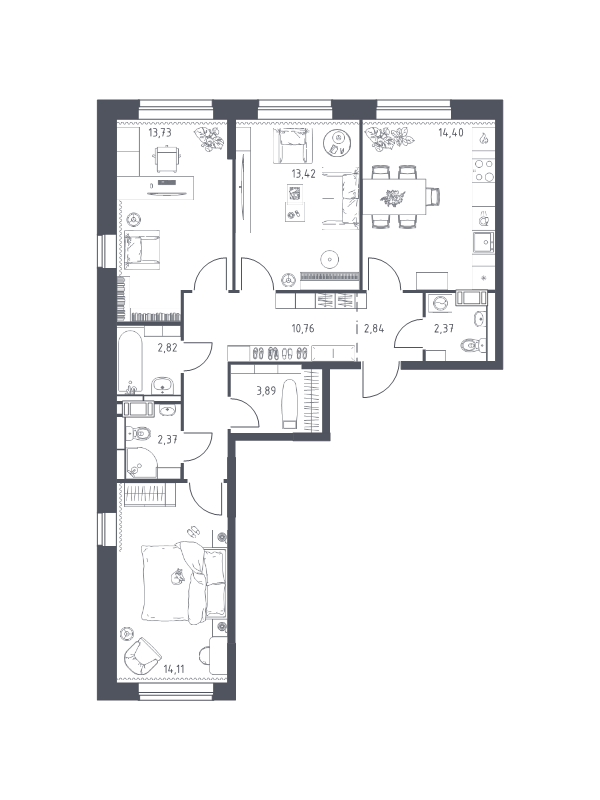 3-комнатная квартира, 80.71 м² - планировка, фото №1