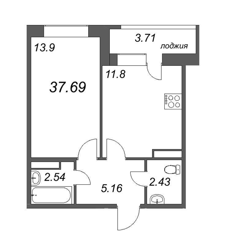 1-комнатная квартира, 37.69 м² - планировка, фото №1