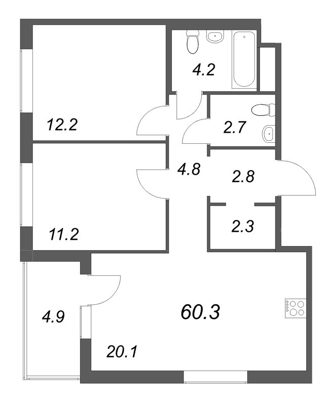 3-комнатная (Евро) квартира, 60.3 м² в ЖК "Передвижники" - планировка, фото №1