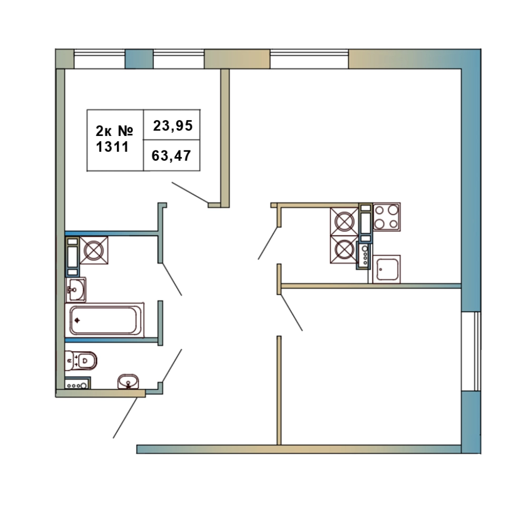 2-комнатная квартира, 63.47 м² в ЖК "Атмосфера Выборга" - планировка, фото №1