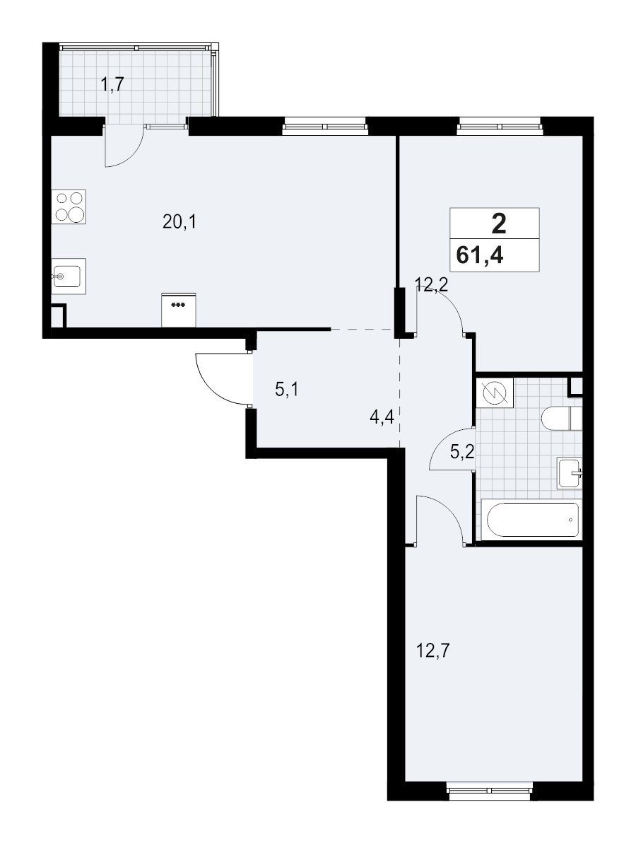 3-комнатная (Евро) квартира, 61.39 м² в ЖК "А101 Лаголово" - планировка, фото №1