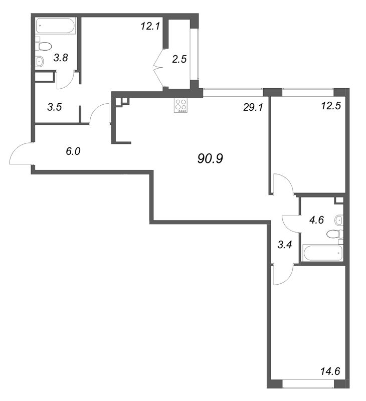 4-комнатная (Евро) квартира, 90.9 м² в ЖК "Кронунг ЮГ" - планировка, фото №1